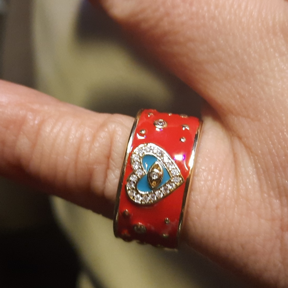 - Red and blue Enamel Gold Tone heavy adjustable ring - Picture 2 of 5